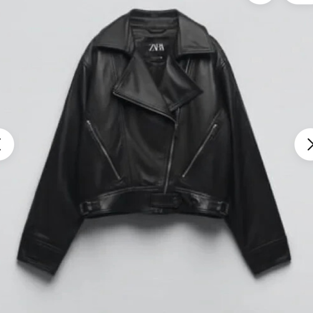 Zara Women's Cropped Genuine Leather Jacket Limited Edition Black